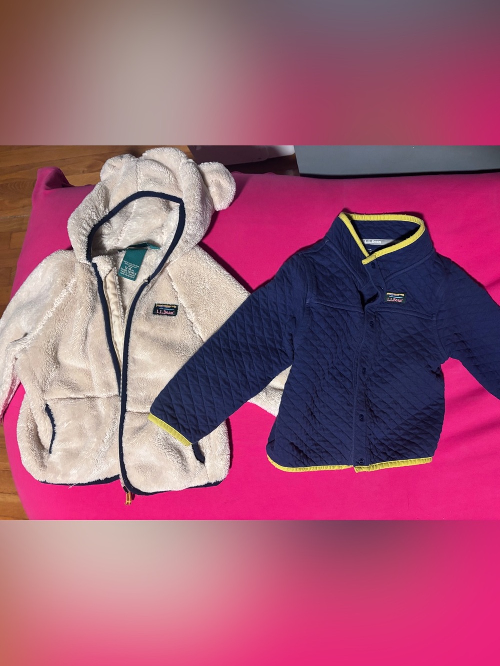 L.L. Bean Kids' Navy Quilted Jacket with Cream Fleece Bear Hoodie bundle